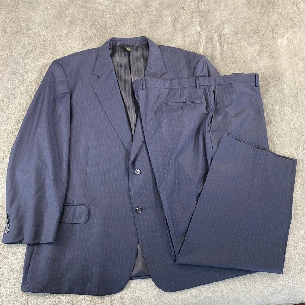 Baroni Couture Suit Men 52R 46x30 Navy Pinstripe Herringbone Super 150s Wool